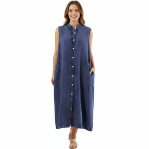 Beau Jours 1X Linen Shift Dress Blue Acid Wash Sleeveless Button Front Maxi NWT
